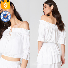 Weiße Off-Shoulder-Dreiviertel-Länge Ärmel Rüschen Sommer Top Herstellung Großhandel Mode Frauen Bekleidung (TA0086T)